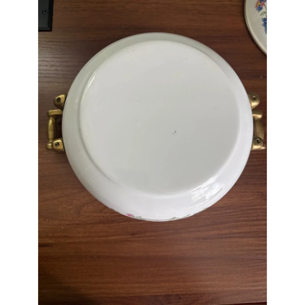 Vintage Floral Enamelware Dutch Oven White Pot with Lid Brass Handles